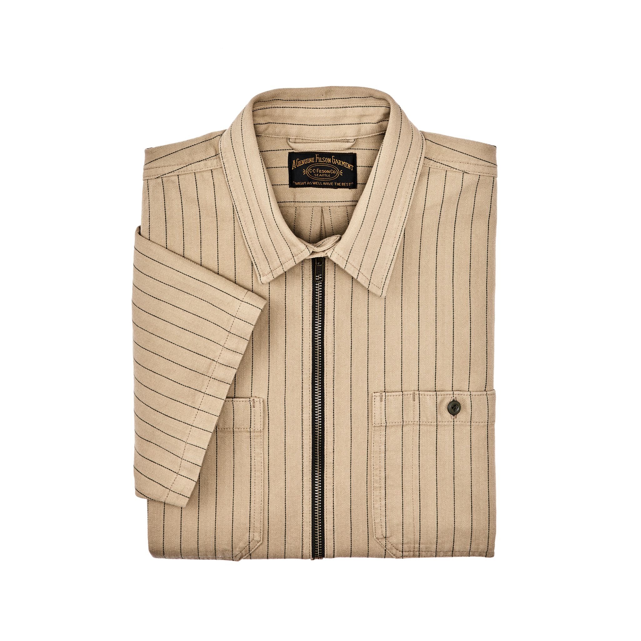 Short Sleeve Mechanic Shirt - Tan Herringbone/ Green Stripe - Image 3