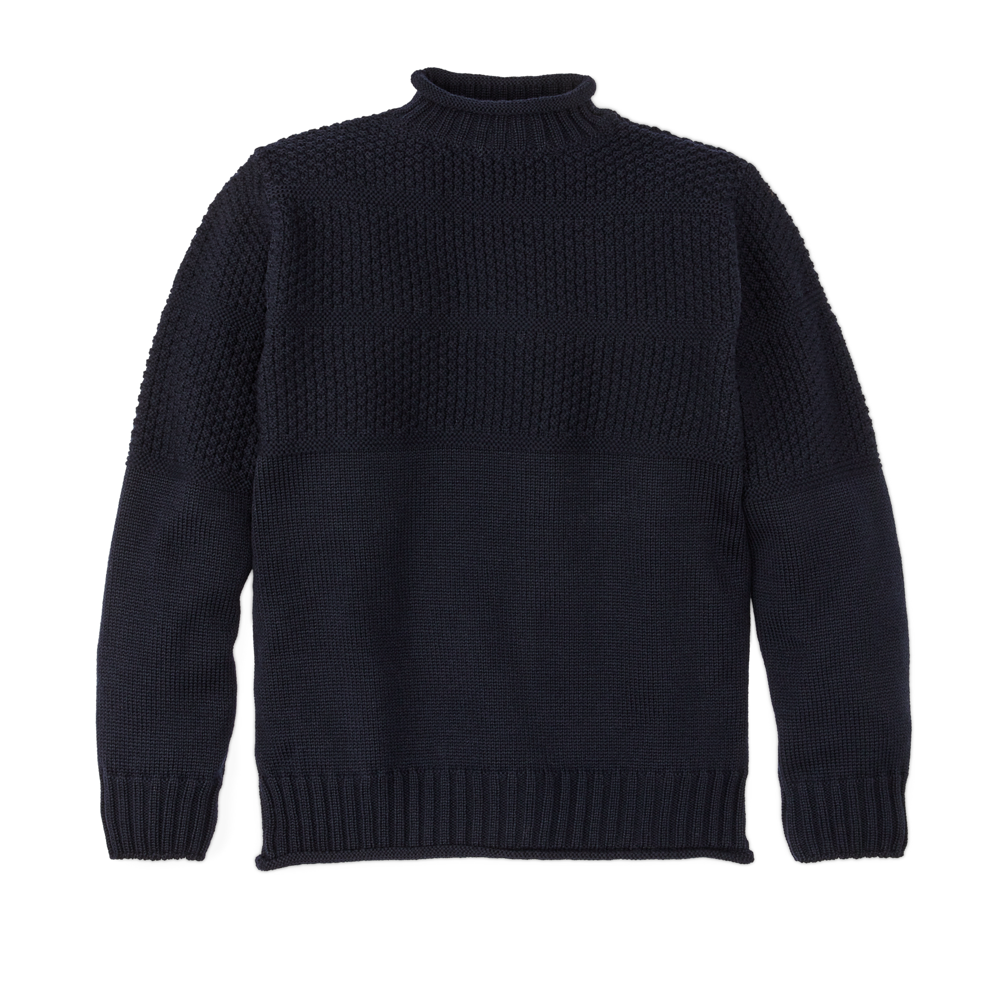 Wool Roll Neck Fisherman's Sweater - Navy
