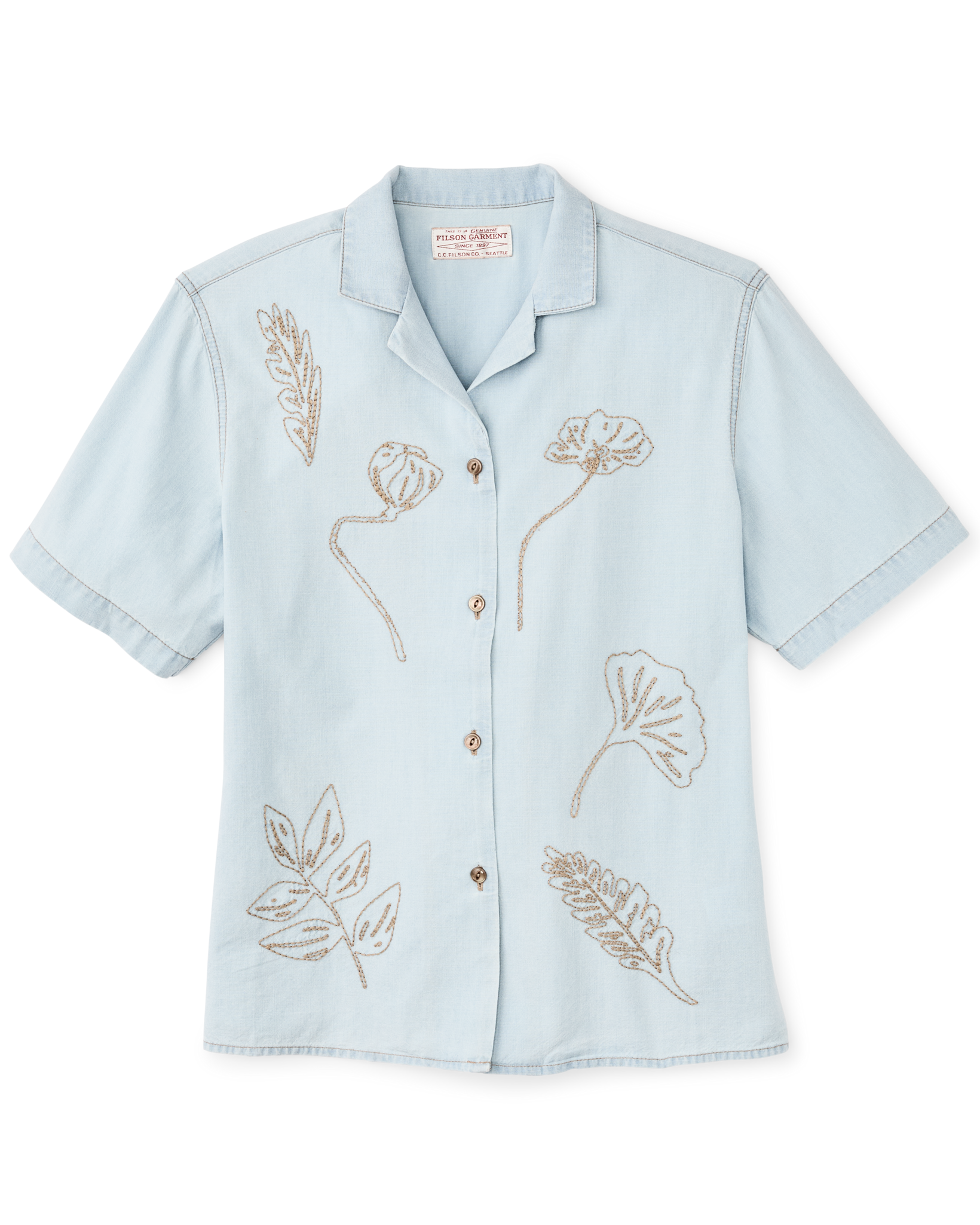 Women's Short Sleeve Embroidered Camp Shirt - Light Indigo Chambray