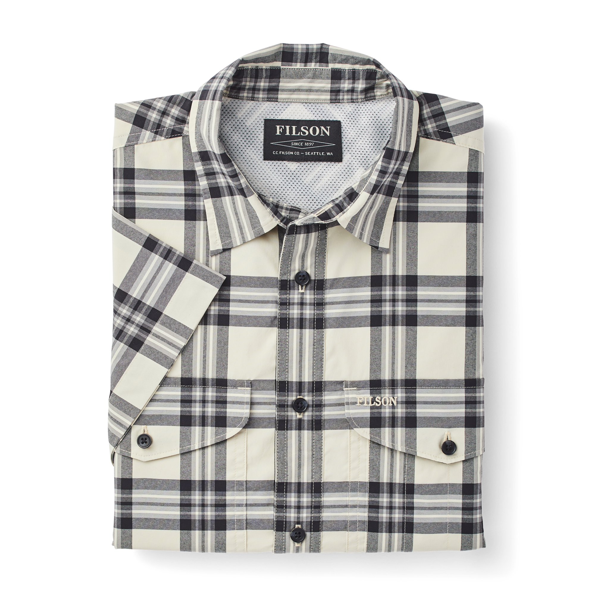 Twin Lakes Short Sleeve Sport Shirt - Cream/grey/black Plaid - Image 3