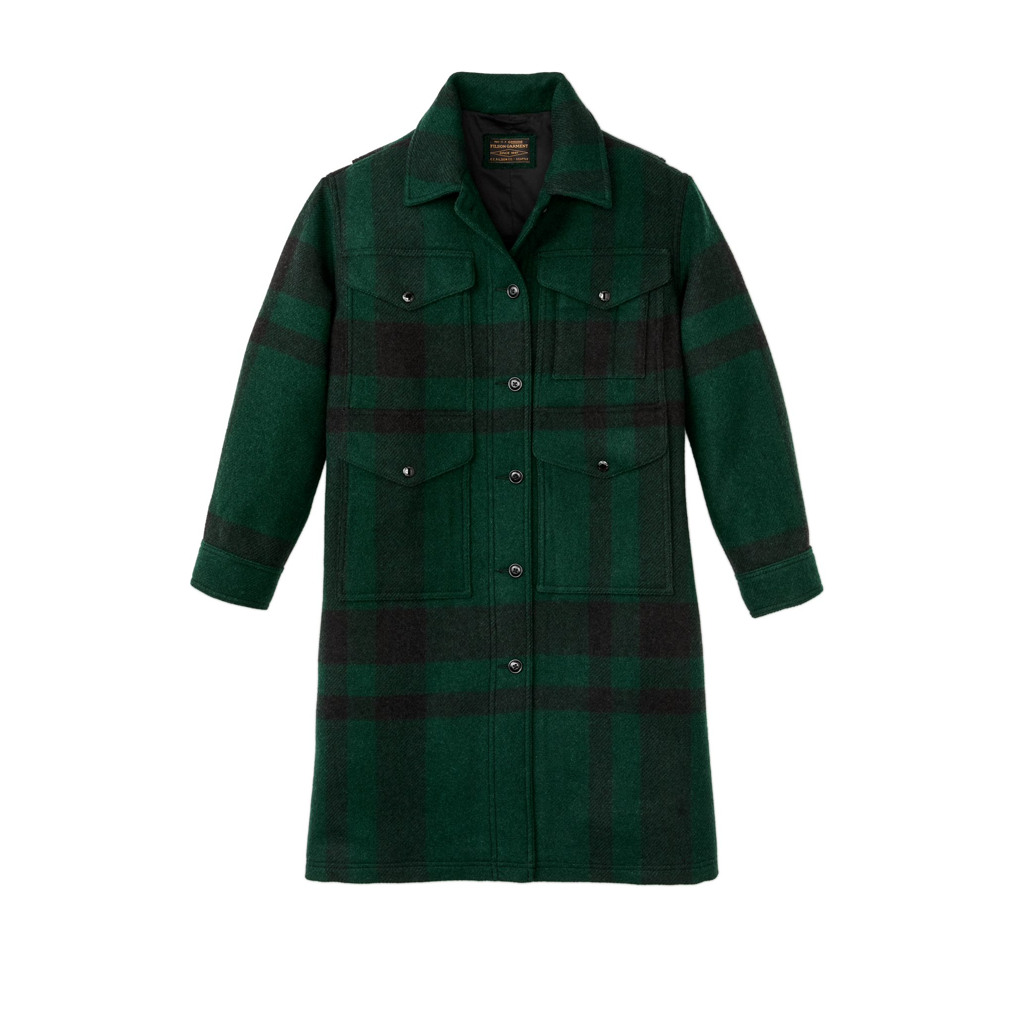 Women's Wool Long Cruiser Coat - Otter Green / Black Plaid