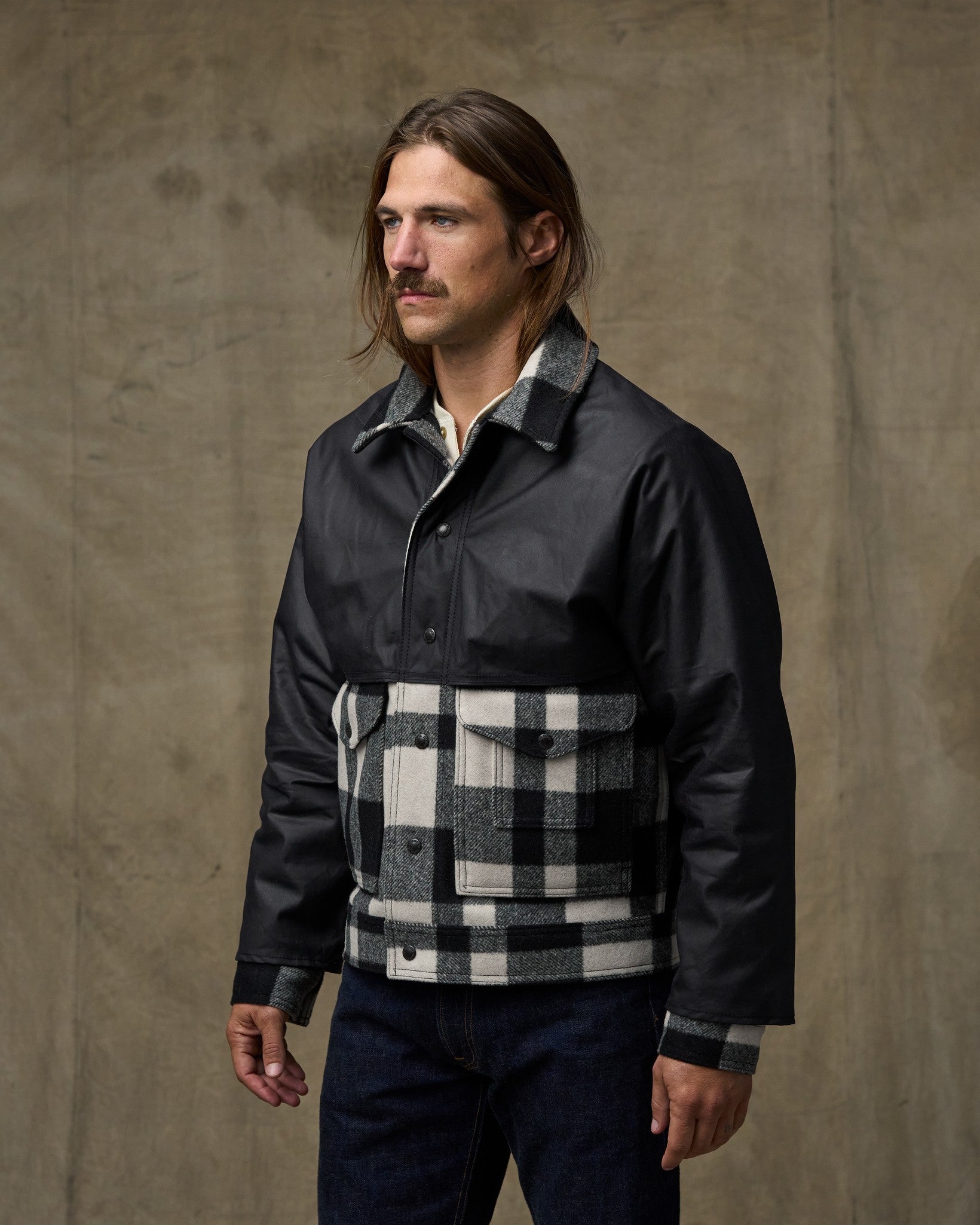 Mackinaw Wool Caped Jacket - Natural Black Plaid Navy - Image 3