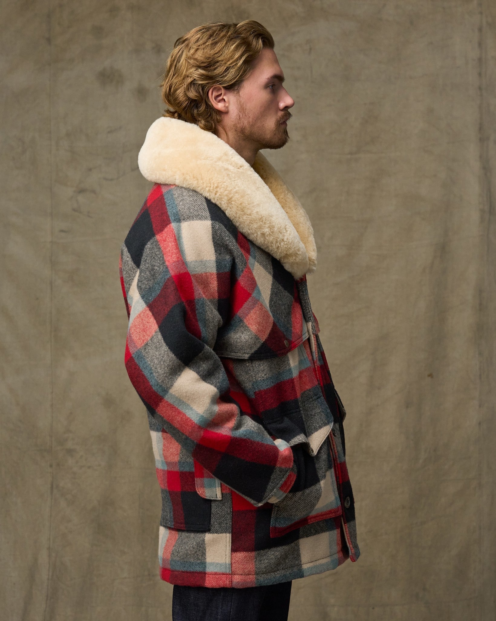 Lined Mackinaw Wool Packer Coat - Red / Cream / Blue Plaid - Image 3