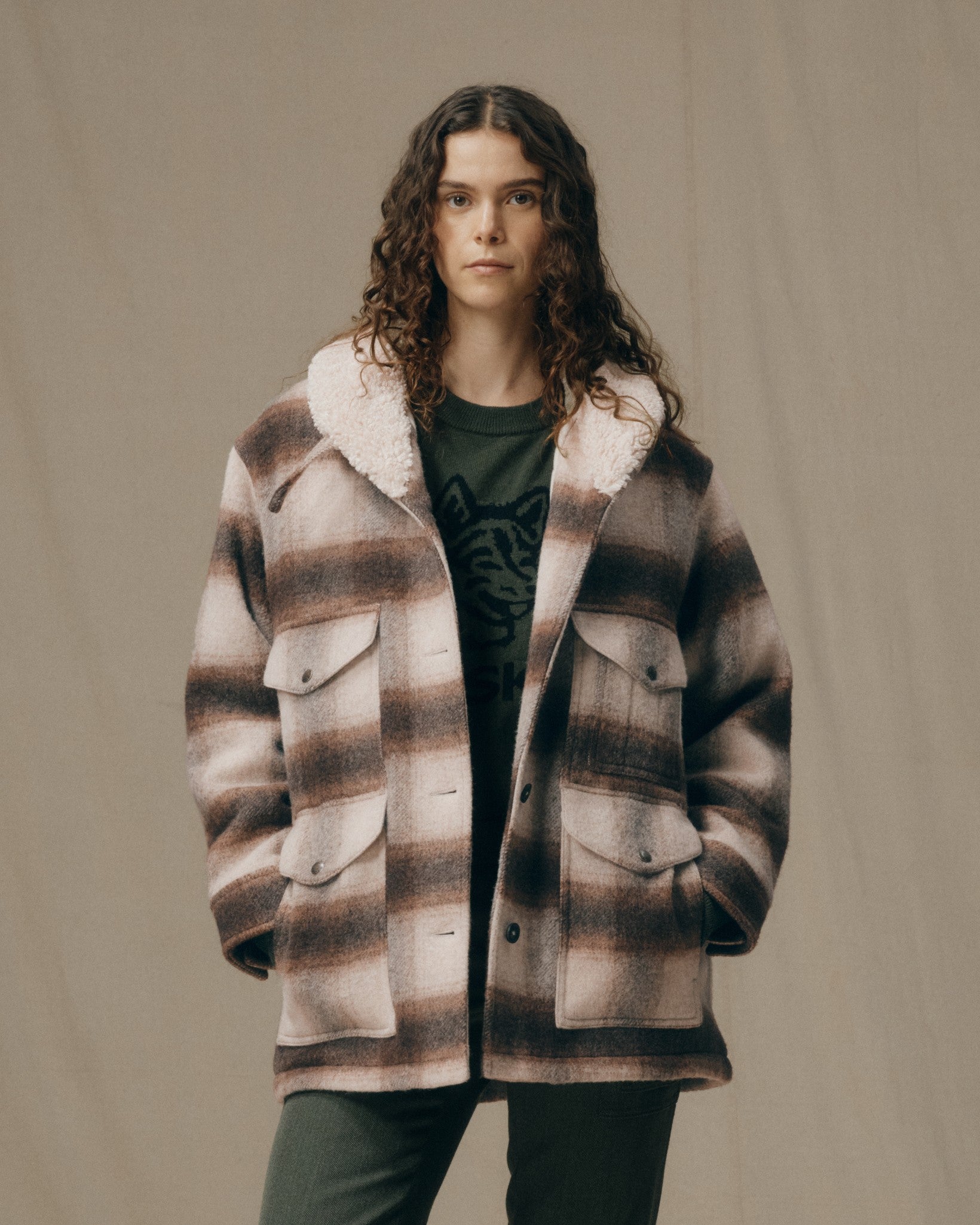 Women's Kodiak Shawl Collar Coat - Cream / Brown Shadow Plaid