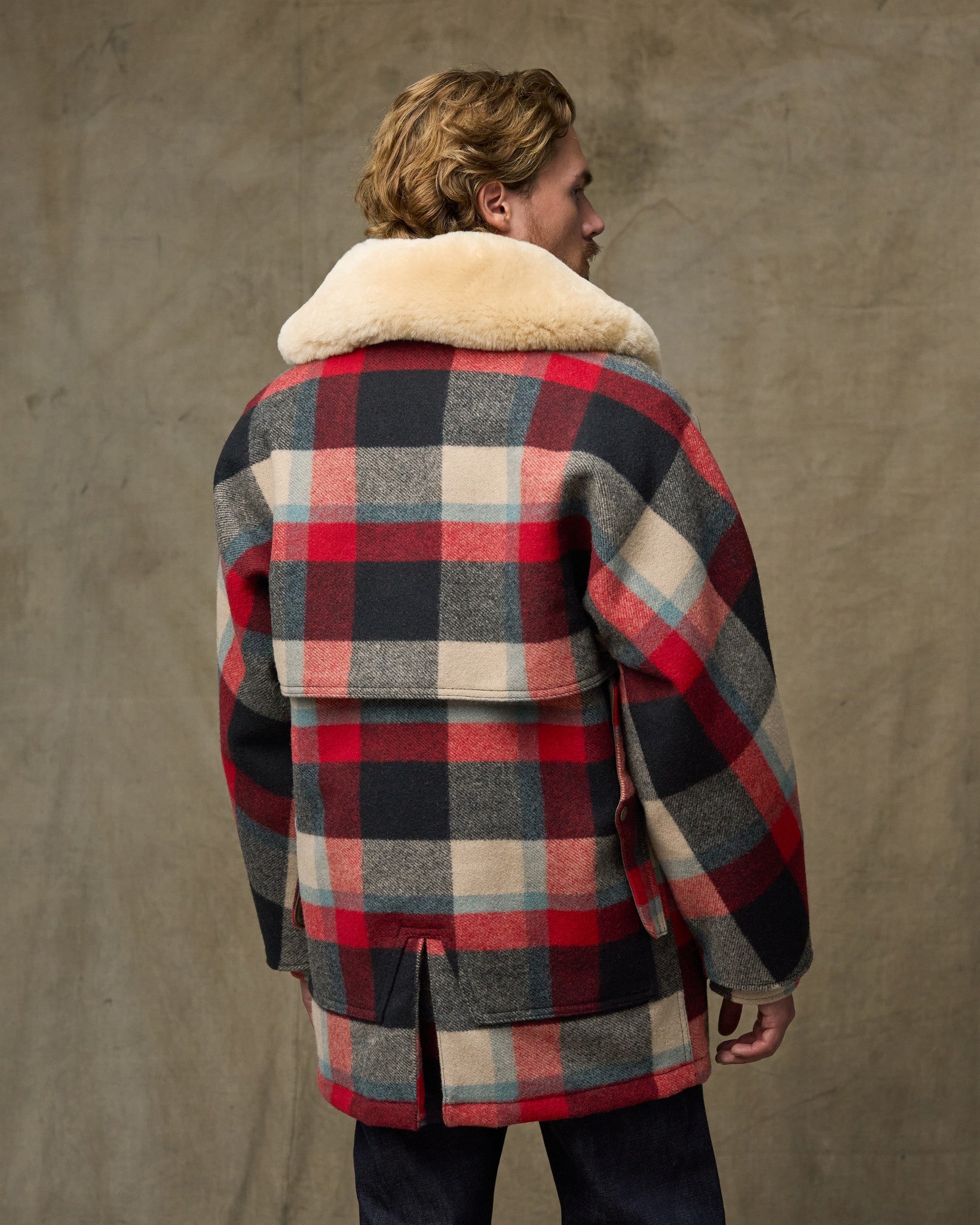 Lined Mackinaw Wool Packer Coat - Red / Cream / Blue Plaid - Image 2